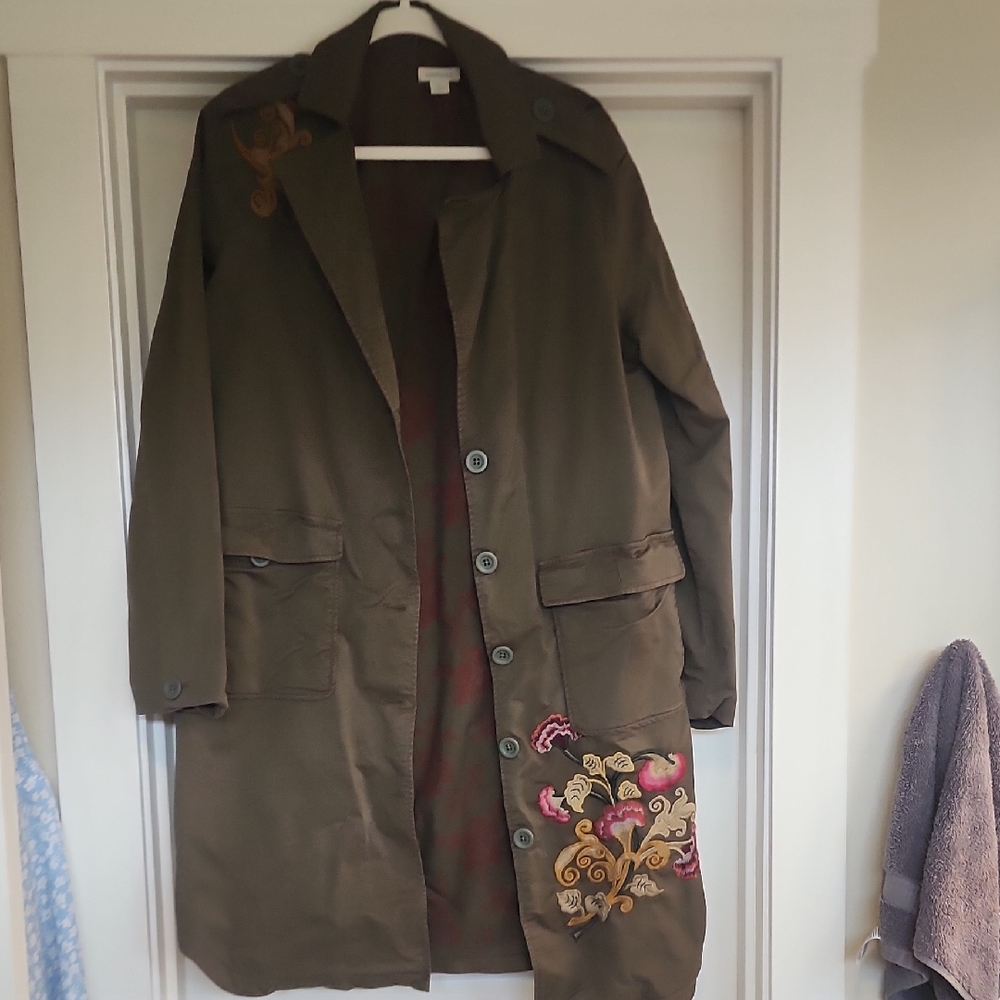 Sundance Olive Trench Coat with Colorful Embroidery
